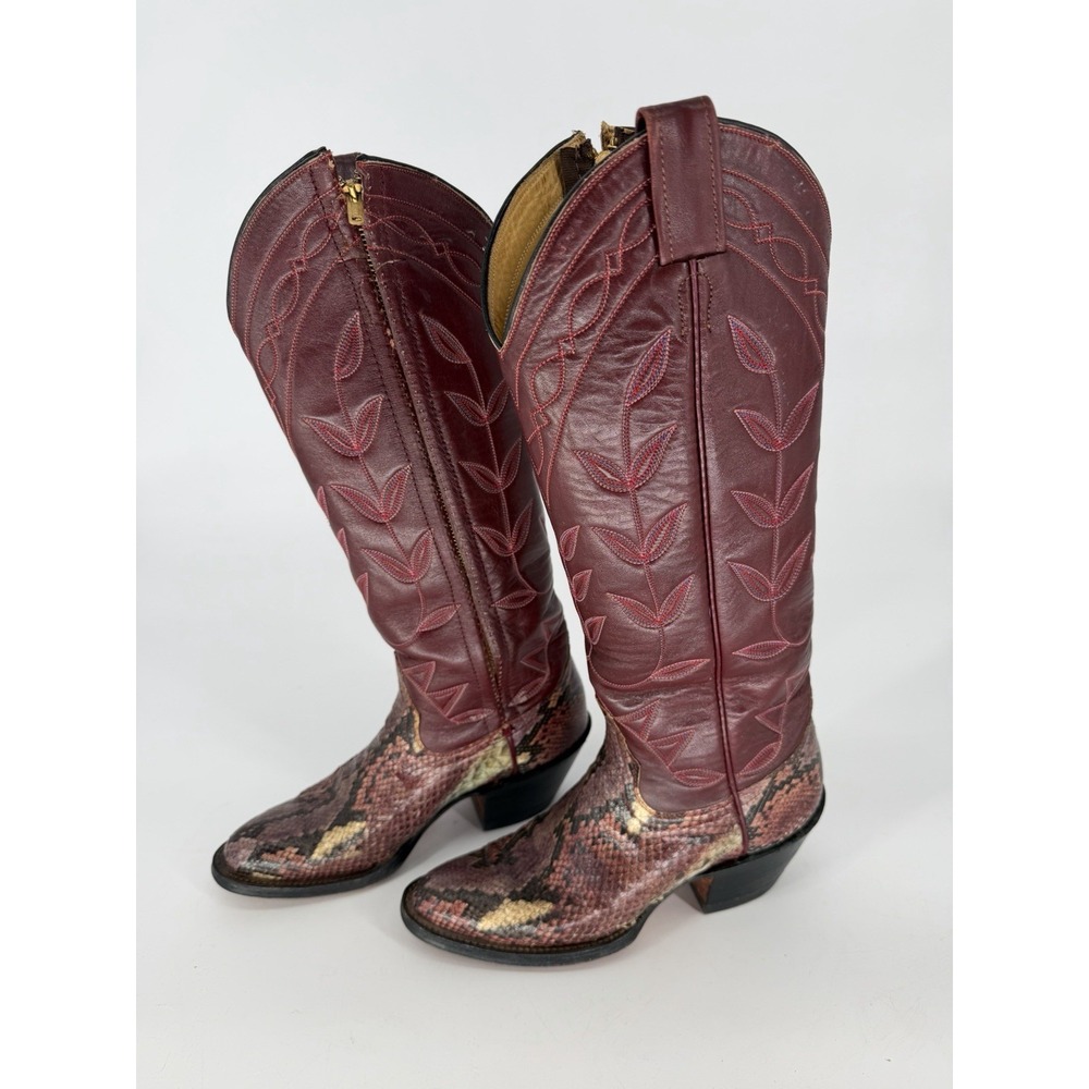 VTG Laramie Womens 9004 Burgundy Snakeskin Leather Western Cowboy Boots Boho